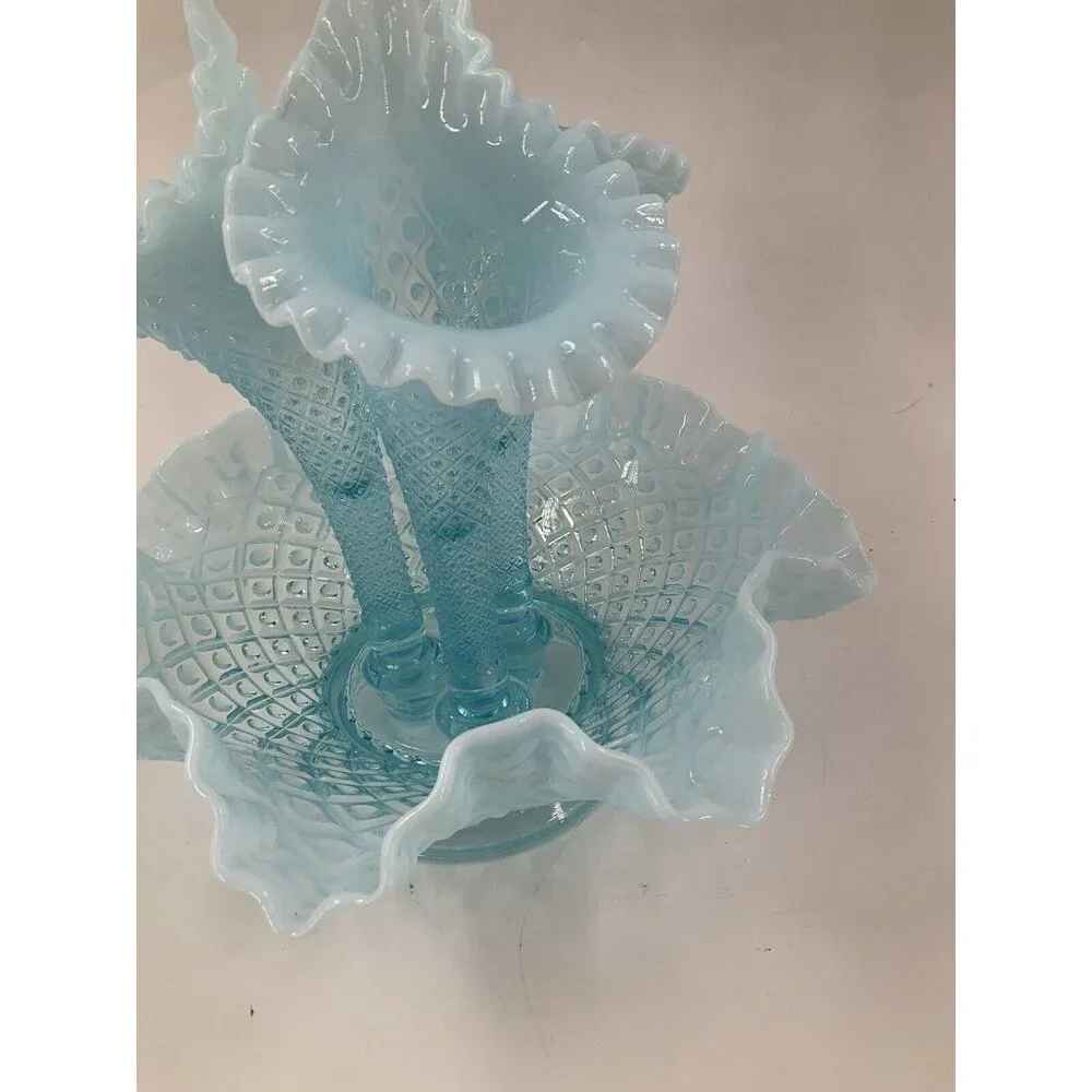 FENTON Glass 10" Flower EPERGNE Sea Blue Opalescent Hobnail Diamond Lace, MINT!! - Picture 3 of 16